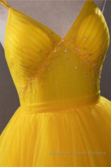 Open Back V Neck High Low Yellow Tulle Long Semi Formal Prom Dresses, High Low Yellow Formal Evening Dresses