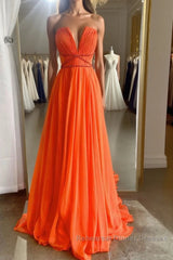 Orange Aline chiffon long Semi Formal Prom Dresses, orange long evening Dresses