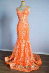 Orange Mermaid Spaghetti Straps Sequins Applique Long Semi Formal Prom Dress Tulle Evening Dress