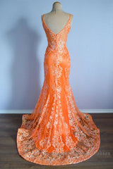 Orange Mermaid Spaghetti Straps Sequins Applique Long Semi Formal Prom Dress Tulle Evening Dress