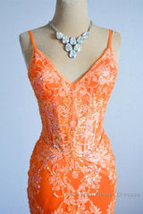 Orange Mermaid Spaghetti Straps Sequins Applique Long Semi Formal Prom Dress Tulle Evening Dress