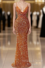 Orange Sequins Sheath Spaghetti Straps Long Semi Formal Prom Dress
