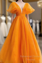 Orange V-Neckline Puffy Sleeves Long Party Dress, A-Line Organza Semi Formal Prom Dress