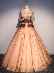 Orange Yellow Tulle Short Sleeve Backless Appliques Quinceanera Dress