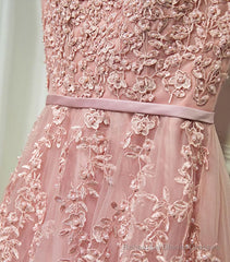 Pink Lace Tulle Long A Line Prom Dress, Pink Evening Dress, 1