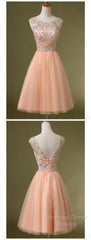 Peach Tulle Beaded Short Cute Homecoming Dresses
