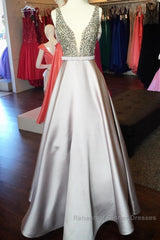Pearl Beaded V Neck Long Silver Satin Semi Formal Prom Dress Floor Length