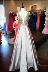 Pearl Beaded V Neck Long Silver Satin Semi Formal Prom Dress Floor Length