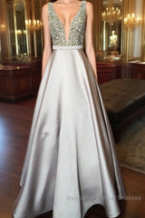Pearl Beaded V Neck Long Silver Satin Semi Formal Prom Dress Floor Length