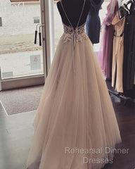 Pearl Pink Tulle Semi Formal Prom Dresses V Neck Appliques