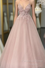 Pearl Pink Tulle Semi Formal Prom Dresses V Neck Appliques