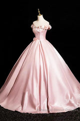 Pink A-Line Off Shoulder Satin Long Semi Formal Prom Dress, Beautiful A-Line Off The Shoulder Party Dress