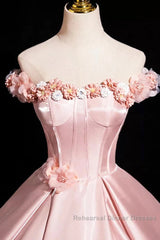 Pink A-Line Off Shoulder Satin Long Semi Formal Prom Dress, Beautiful A-Line Off The Shoulder Party Dress