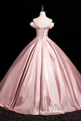 Pink A-Line Off Shoulder Satin Long Semi Formal Prom Dress, Beautiful A-Line Off The Shoulder Party Dress
