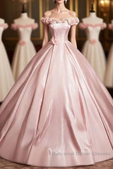 Pink A-Line Off Shoulder Satin Long Semi Formal Prom Dress, Beautiful A-Line Off The Shoulder Party Dress