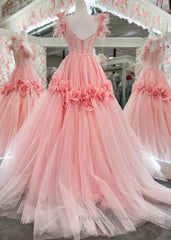 Pink A-Line Off The Shoulder Lace Tulle Long Semi Formal Prom Dress, Sweet 16 Dress