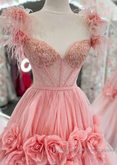 Pink A-Line Off The Shoulder Lace Tulle Long Semi Formal Prom Dress, Sweet 16 Dress
