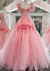 Pink A-Line Off The Shoulder Lace Tulle Long Semi Formal Prom Dress, Sweet 16 Dress