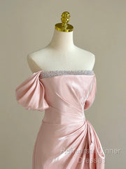 Pink A-Line Satin Long Semi Formal Prom Dress, Off Shoulder Pink Long Evening Dress