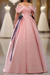 Pink A-Line Satin Off Shoulder Long Semi Formal Prom Dresses, Pink Formal Evening Dresses