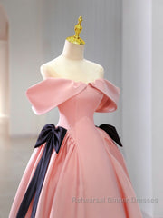 Pink A-Line Satin Off Shoulder Long Semi Formal Prom Dresses, Pink Formal Evening Dresses