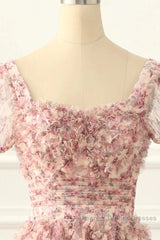 Pink A-Line Tulle Pleated Floral Long Semi Formal Prom Dress Adult Ceremony Graduation Semi Formal Prom Dress