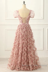 Pink A-Line Tulle Pleated Floral Long Semi Formal Prom Dress Adult Ceremony Graduation Semi Formal Prom Dress