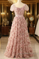 Pink A-Line Tulle Pleated Floral Long Semi Formal Prom Dress Adult Ceremony Graduation Semi Formal Prom Dress