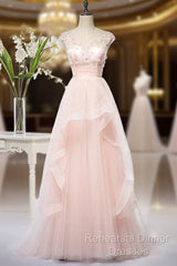 Pink Elegant Tulle A-Line Floor Length Wedding Party Dresses, Light Pink Gown