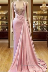Pink Evening Dresses A-Line V-Neck Floor Length Sequins Long Turkey Dubai Saudi Arabic Evening Gown Semi Formal Prom Dresses