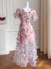 Pink Flowers Lace Short Sleeves Party Dress, Pink 3D Flowers Party Dress