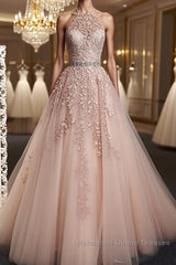 Pink Halter Neck Lace Semi Formal Prom Dresses, Pink Halter Neck Long Lace Formal Evening Dresses