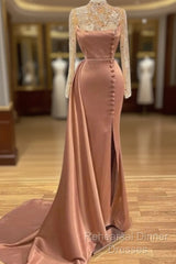 Pink High Neck Long Sleeves Sheer Beading Semi Formal Prom Formal Dress