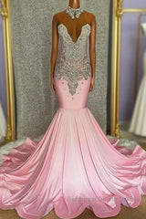 Pink High Neck Mermaid Beading Satin Semi Formal Prom Dress