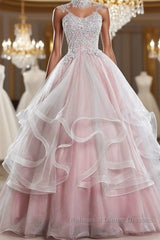 Pink high neck tulle lace long Semi Formal Prom Dresses, pink sweet 16 Dresses