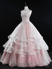 Pink high neck tulle lace long Semi Formal Prom Dresses, pink sweet 16 Dresses