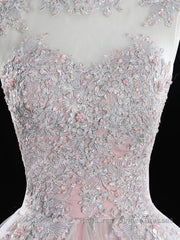 Pink high neck tulle lace long Semi Formal Prom Dresses, pink sweet 16 Dresses
