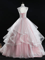 Pink high neck tulle lace long Semi Formal Prom Dresses, pink sweet 16 Dresses