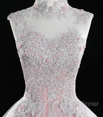 Pink High Neck Tulle Lace Long Semi Formal Prom Dress, Pink Sweet 16 Gown