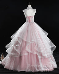 Pink High Neck Tulle Lace Long Semi Formal Prom Dress, Pink Sweet 16 Gown