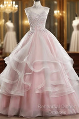 Pink High Neck Tulle Lace Long Semi Formal Prom Dress, Pink Sweet 16 Gown