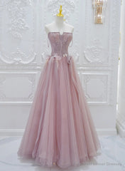 Pink Lace and Tulle A-line Prom Dress with Flowers, Pink Tulle Party Dress