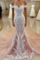 Pink Lace Applique Cap Or Long Sleeves Fishtail/Mermaid Wedding Dress With Train, Semi Formal Prom Gown