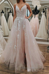 Pink Lace Appliques A Line Open Back Tulle Long Semi Formal Prom Dresses, Pink Lace Formal Graduation Evening Dresses