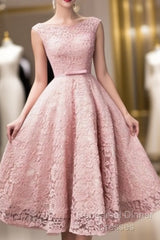 Pink Lace Tea Length Formal Dress, Beautiful Pink Semi Formal Prom Dresses, Lovely Party Dresses