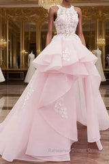 PinK lace tulle long Semi Formal Prom Dresses, pink tulle evening Dresses
