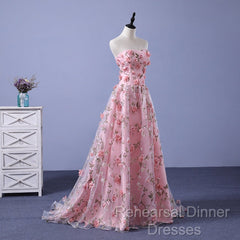 Pink Long A-Line Flowers Evening Dress, Pink Party Dress Semi Formal Prom Dress