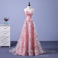 Pink Long A-Line Flowers Evening Dress, Pink Party Dress Semi Formal Prom Dress