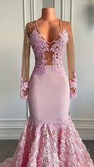 Pink Long Sleeves Lace Semi Formal Prom Dresses Mermaid Tulle Evening Formal Gown