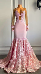Pink Long Sleeves Lace Semi Formal Prom Dresses Mermaid Tulle Evening Formal Gown